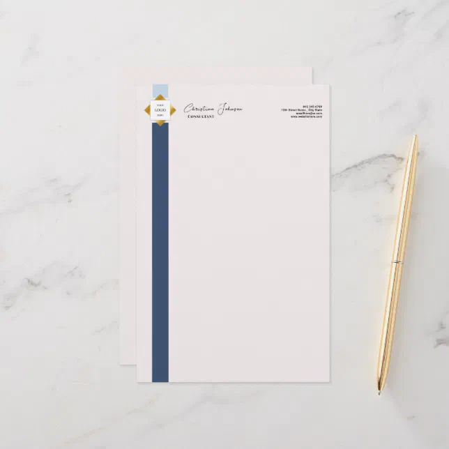 Trendy Blue Stripes Gold Logo Stationery