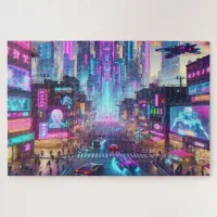 Vibrant Neon Cyberpunk Cityscape Fantasy | Jigsaw Puzzle