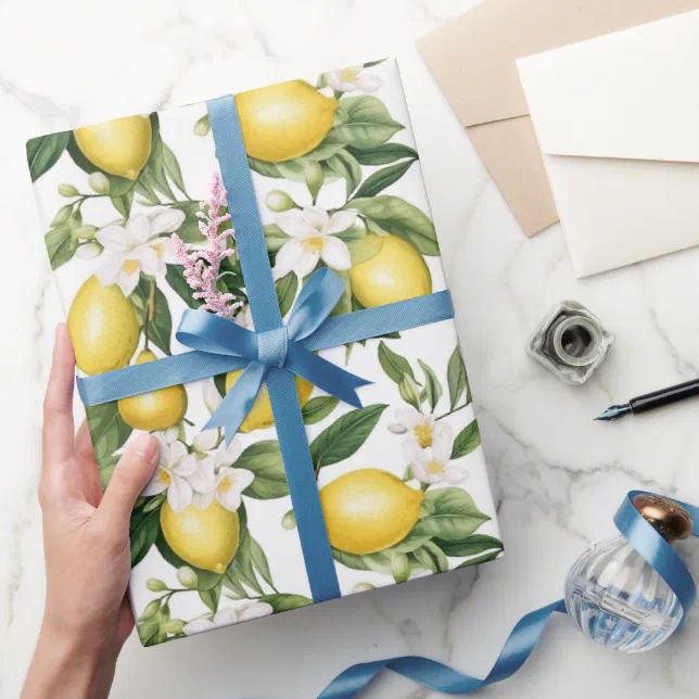 Lemon & Flower Pattern on White Wrapping Paper