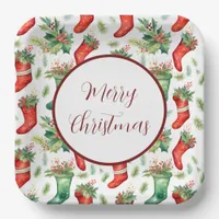 Red and Green Watercolor Stockings Paper Plates