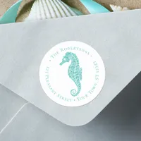 Christmas Beach Seahorse Round Return Address  Classic Round Sticker