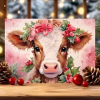 Pink Watercolor Holly Baby Cow Christmas Holiday Card