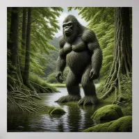 Bigfoot standing in a Creek Cartoon  Poster