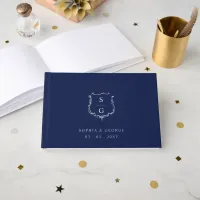 Elegant Monogram Crest Navy and Silver Wedding Foil Guest Book