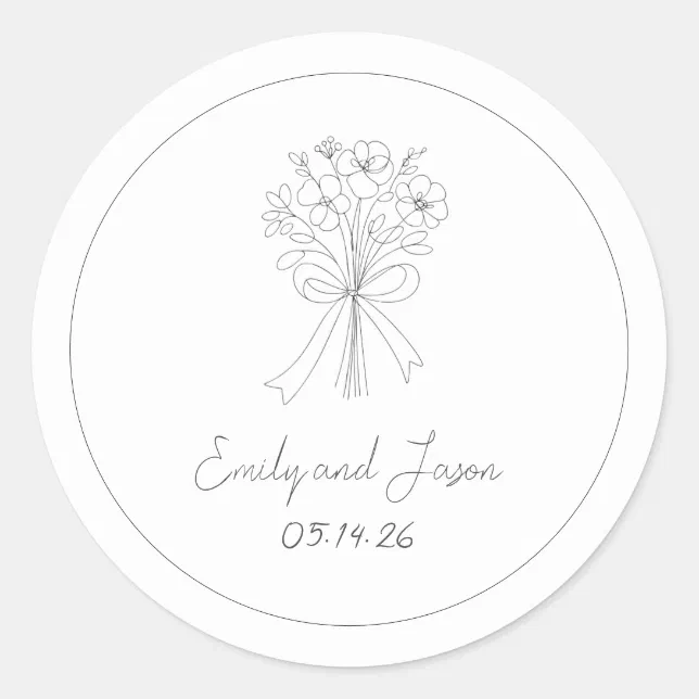 Hand Drawn Casual Flower and Bow Whimsical Wedding Classic Round Sticker