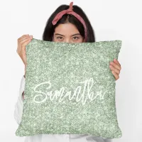 Sage Green Glitter Brush Script Throw Pillow