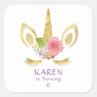 Personalized Pink & Purple Unicorn Birthday Square Sticker