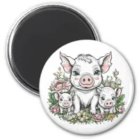 Mama Pigs and Baby Piglets in Flowers Magnet