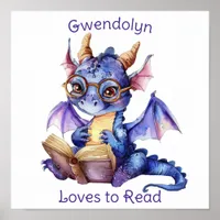 Nursery Art Poster Dragon Reading Personlize