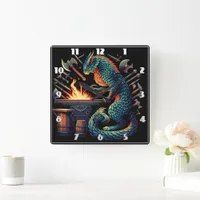 Colorful Cat Blacksmith Forging Tools at Night Square Wall Clock