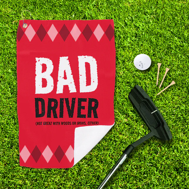 Funny Red Argyle Bad Driver ... Golf Towel