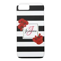 Red Poppies on Black & White Striped Background iPhone 8/7 Case