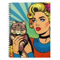 Cartoon Comic Pop Art Women Holding Cat Notebook