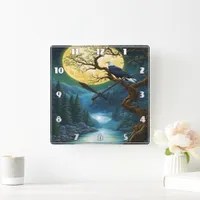 Eagle Perched Under Full Moon Over River Square Wall Clock