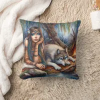 Native American Woman Relaxing With Wolf by River Throw Pillow