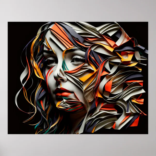 Woman's Face with Colored Paper Ribbons Portrait Poster