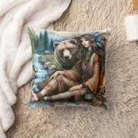 Native American Woman Sitting by River With Bear Throw Pillow