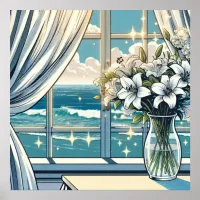 Pretty Ocean View and Vase of Flowers  Poster