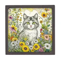 Gray Kitty Cat Sitting in Flowers  Gift Box