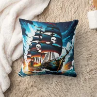 Pirate Ship Sailing Through Stormy Seas At Dusk Throw Pillow