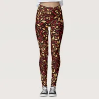 Classy Black, Burgundy and Gold Christmas Foliage Leggings