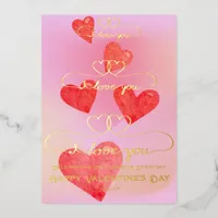 I Love You Pink Rainbow Watercolor Heart Valentine Foil Holiday Card