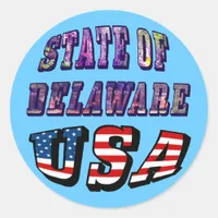 Sate of Delaware Picture and USA Flag Text Classic Round Sticker