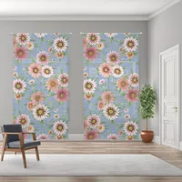 Pink Daisies Floral Pattern on Blue 50x96 Inch Sheer Curtains