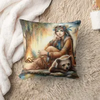 Native American Woman With Bear by Campfire Throw Pillow