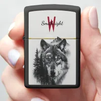 Majestic wolf amidst a misty forest at twilight zippo lighter