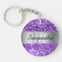 Sparkly Purple Glitter Silver Foil Monogram Keychain