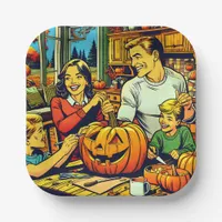 Happy Halloween Nostalgic Family Carving Pumpkins Paper Plates