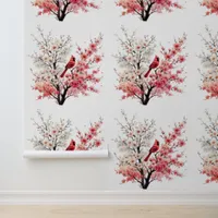 A Red Cardinal on Cherry Blossom Tree Branches Wallpaper