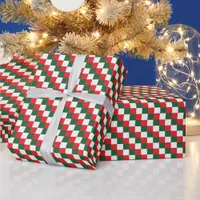 Festive Red, White, and Green Tri-Color Checks Wrapping Paper