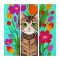 Cute Gray Cat with Colorful Flowers Triptych