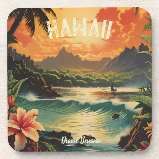Vintage Hawaii Tropical Beach Travel Beverage Coaster