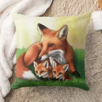 Red Fox Mother and Kits in the Grass Throw Pillow