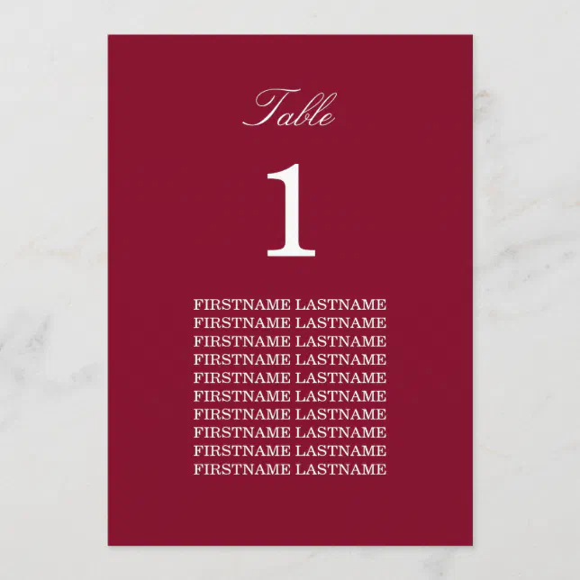 Guest Names Burgundy Red Table Card
