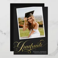 Elegant Black Script Foil Photo Graduation Foil Invitation