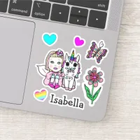 Hand Drawn Blonde Fairy, Unicorn and Name Sticker