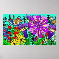 Pretty Colorful Folk Art Style Bird and Flowers Poster