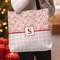 Vintage Santa Pink Gingham Monogrammed Christmas Tote Bag