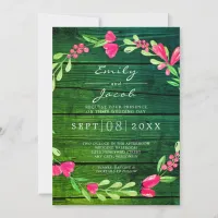 Pink Floral Green Rustic Wood Country Wedding Announcement