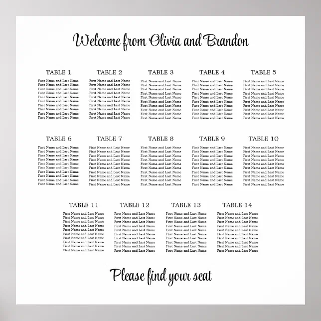 Stylish 14 Table Wedding Seating Chart Poster