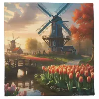 Windmill in Dutch Countryside by River with Tulips Cloth Napkin