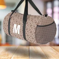 Taupe White Abstract Patterned Trendy Monogrammed Duffle Bag