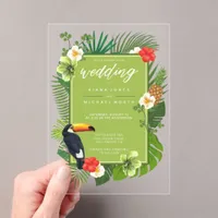 Watercolor Tropical w/Toucan Wedding Green ID577 Acrylic Invitations