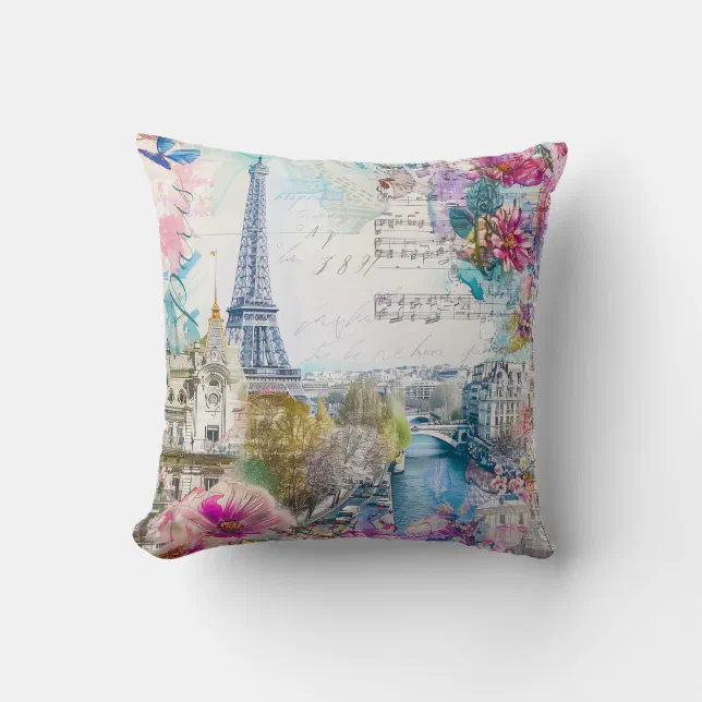 Paris Eiffel Tower Flowers Collage Travel Art Throw Pillow