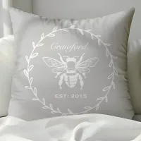 Vintage Gray Honey Bee Laurel Monogram Throw Pillow