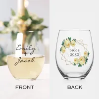 Elegant Gold Glitter Geo Yellow Floral Wedding Stemless Wine Glass